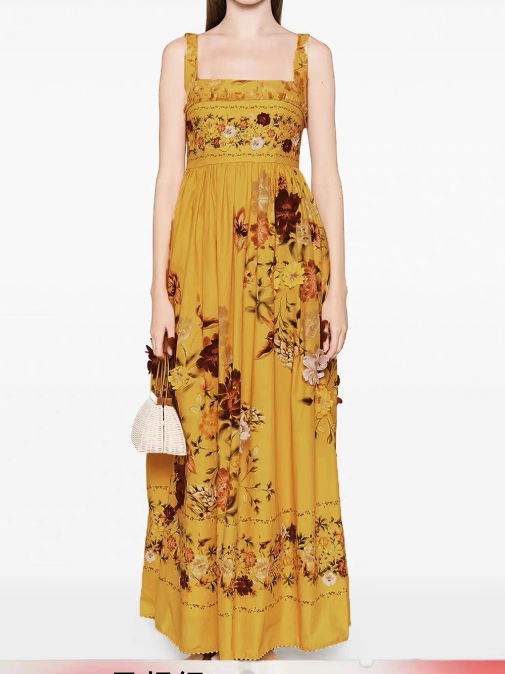 Mustard Floral Maxi Dress with Elaborate Floral Appliqué